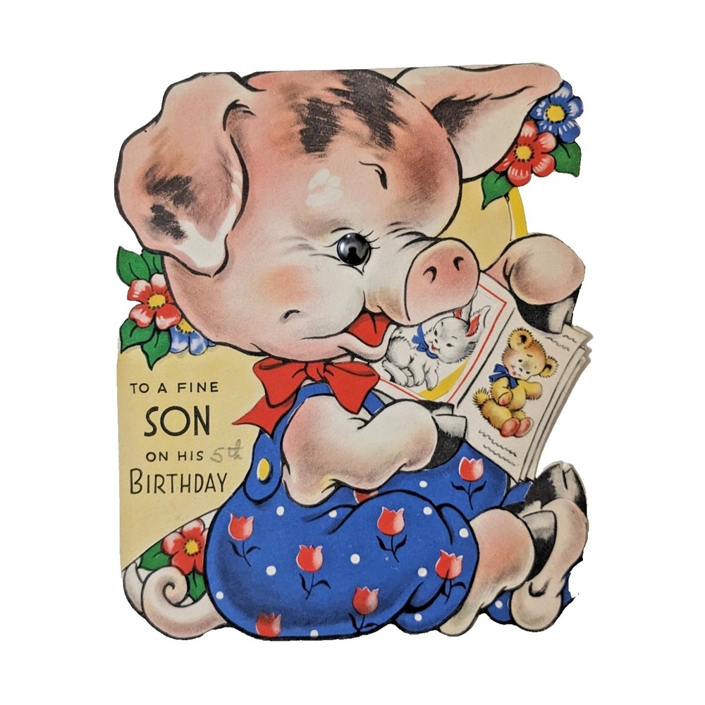 Vintage 1930's Birthday Greeting Card for Son Pig Mechanical Moving Picture Book